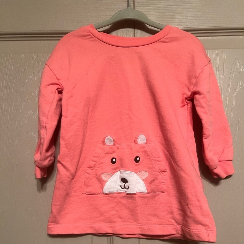 Cute Coral Kids Long Sleeve Top with Bear Pocket